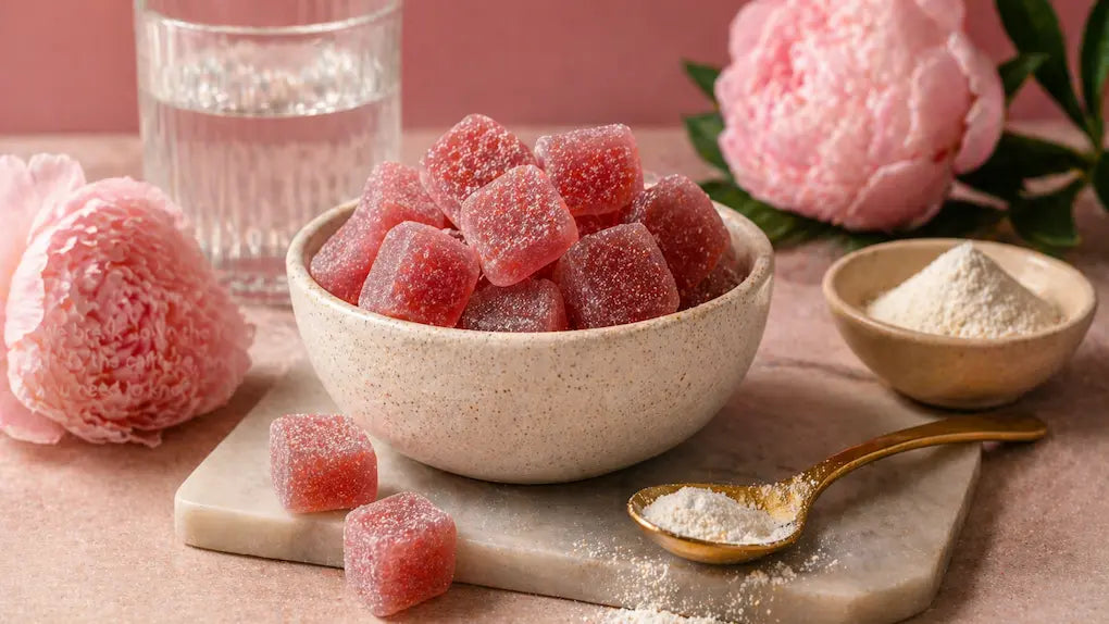 Pink collagen gummies in a ceramic bowl with collagen powder, water, and soft flowers in a clean wellness setting representing skin health and daily nutrition