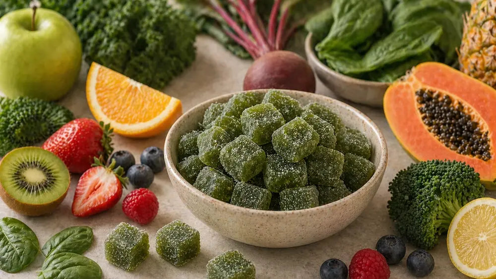 Green fruit and vegetable gummies with light sugar coating in a bowl surrounded by fresh fruits and vegetables on a neutral surface