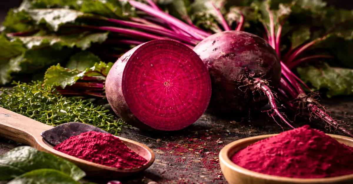 Close-up of fresh beetroot and beetroot powder representing ingredients used in Happy Soul formulas