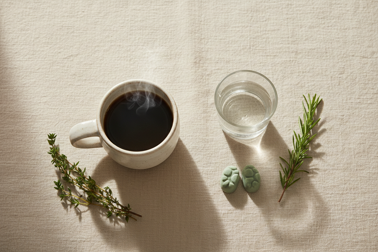 Coffee and cup of water on white background in blog How to Build a Simple Daily Wellness Routine That Actually Sticks