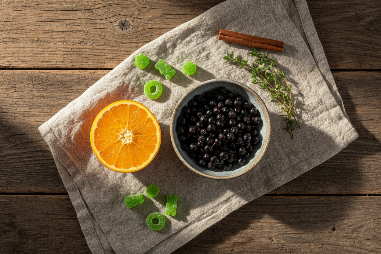 Fresh citrus, elderberries, herbs and green gummies on a wooden surface representing year-round immune system support through natural plant nutrition