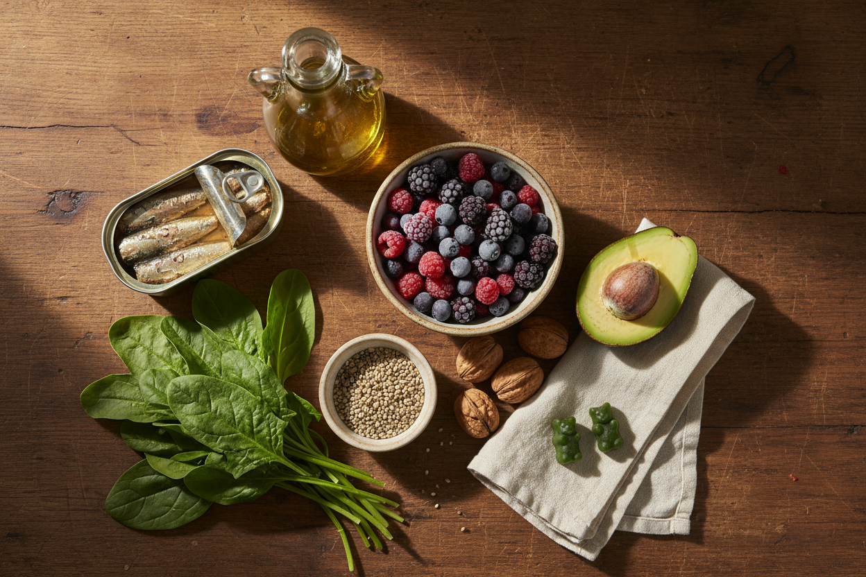 Oils and Omegas in image like Sardines, Olive Oil, healthy fats with avocado and berries used to demonstrate blog on The Busy Person's Guide to getting More Nutrients Without Meal prep