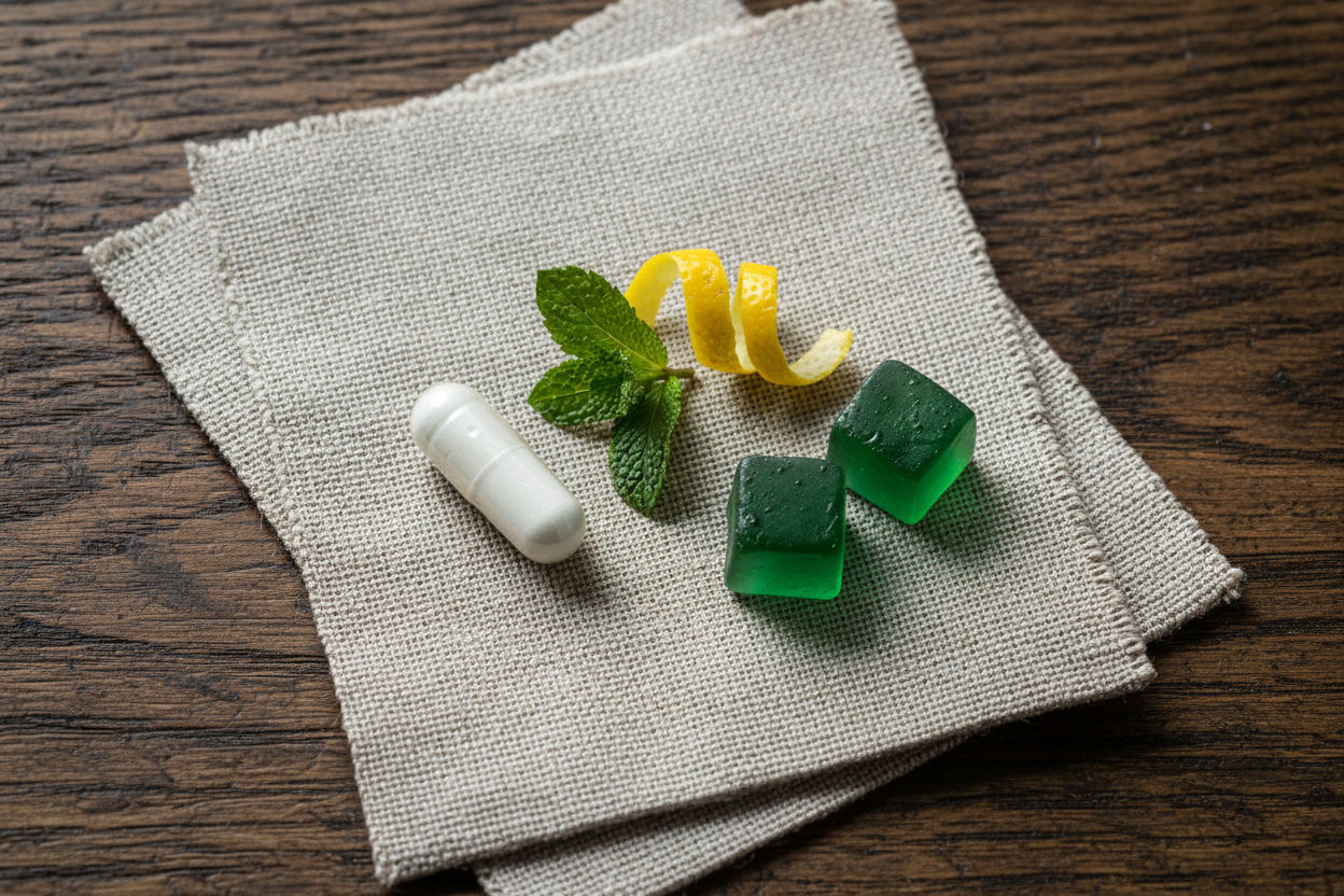 A white pill capsule next to two green cube-shaped gummies on dark wood with mint and lemon peel — comparing gummy vitamins to traditional pill supplements for effectiveness