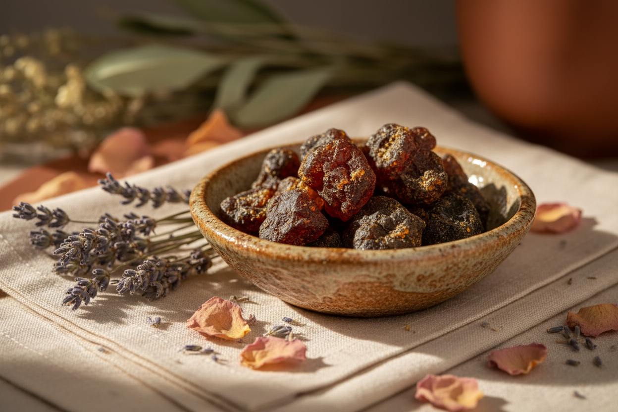 Dark amber shilajit pieces in a ceramic dish with dried lavender, rose petals and pomegranate seeds on cream linen — representing shilajit gummies for women's health and hormonal balance