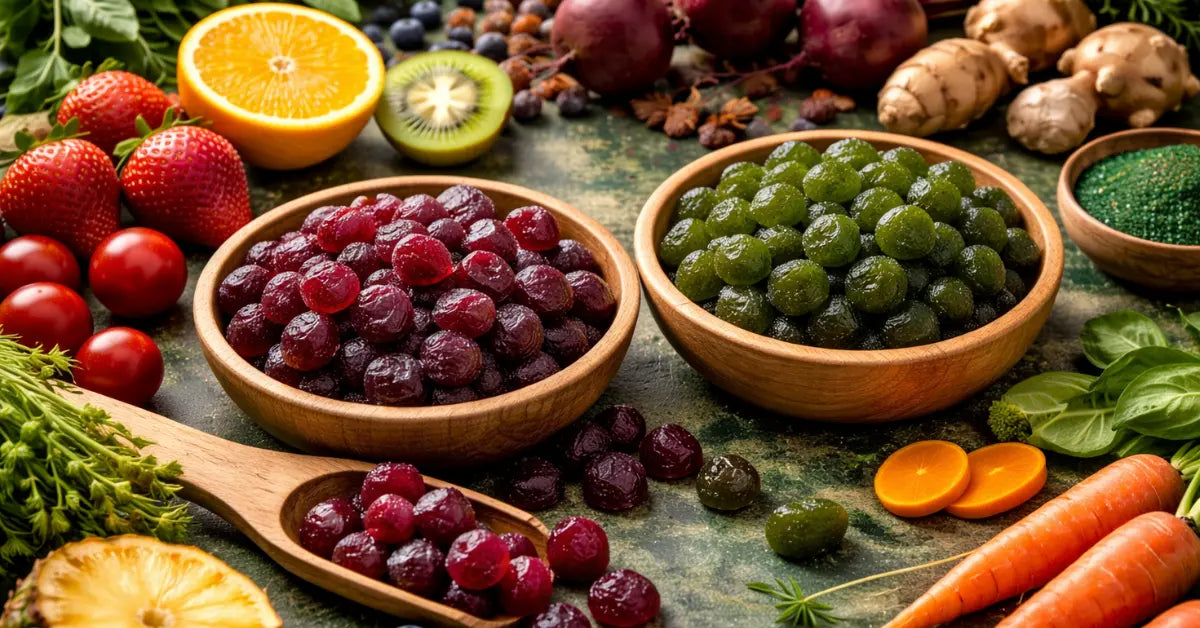 Fruit and vegetable gummies with 80 plus plant ingredients surrounded by fresh fruits and vegetables