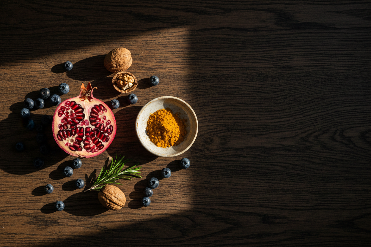 Halved pomegranate with blueberries, walnuts, rosemary and turmeric on dark oak wood — representing collagen gummies for men's joint health and recovery