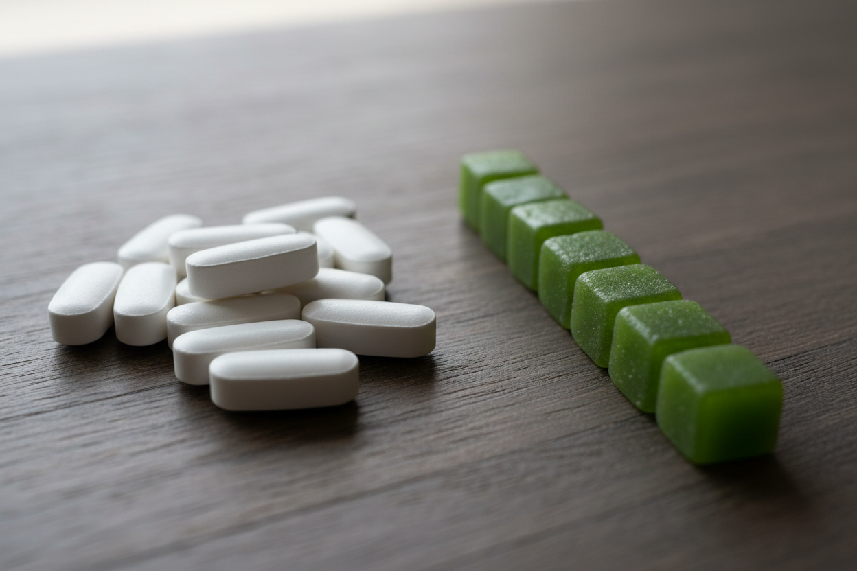 an image of clean gummies vs capsule supplements for daily plant nutrition