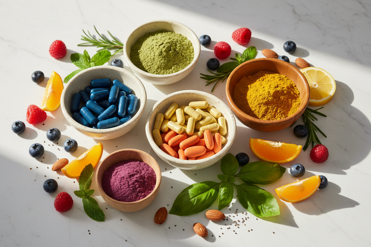 bowls of low sugar supplements and powders with vibrant fruit next to them on white Marple table