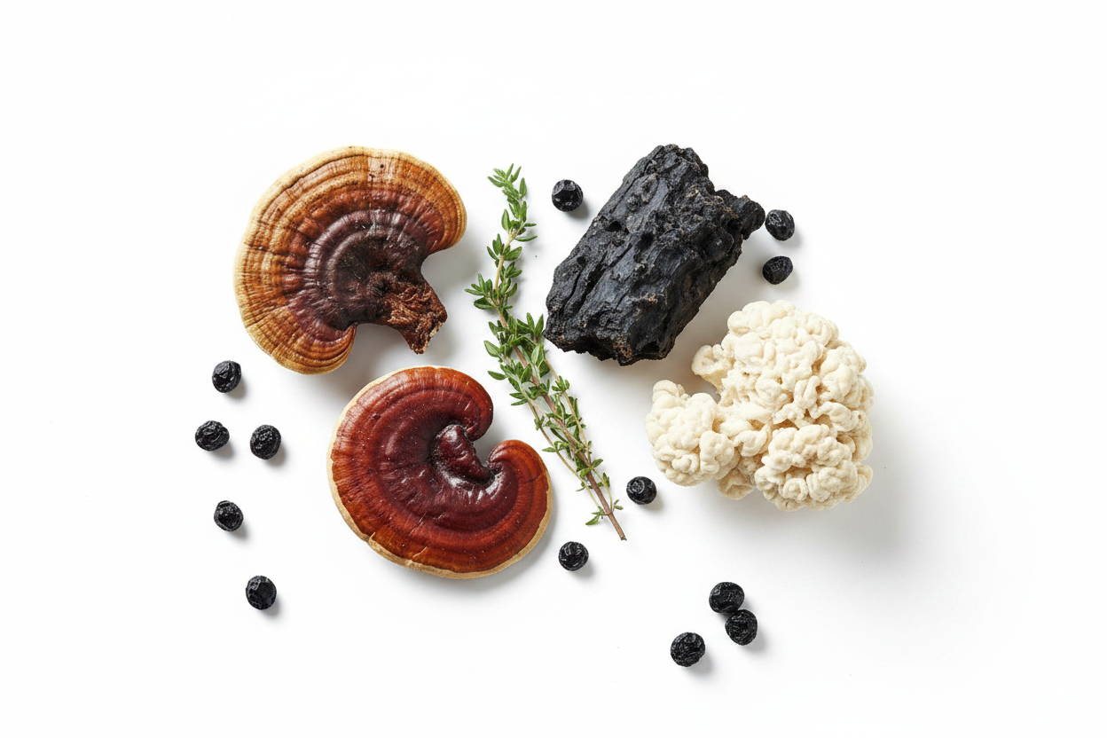 Four functional mushrooms — turkey tail, reishi, chaga, and lion's mane — arranged on dark oak wood with elderberries and thyme, representing mushroom gummies for immune support