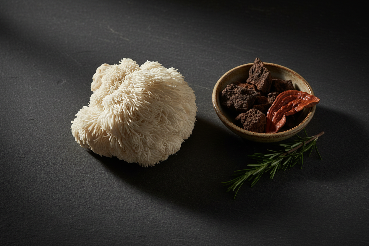 A lion's mane mushroom cluster alongside chaga and reishi with rosemary — representing the best lion's mane gummies for brain fog and focus