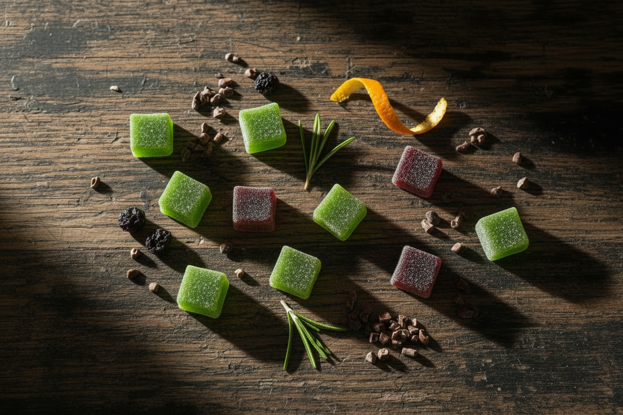 gummies on wooden table with herbs and orange peel for supplement stacking 101