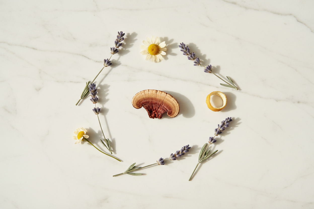 A dried reishi mushroom slice with lavender, chamomile and lemon peel on white marble — representing reishi gummies for sleep and stress relief