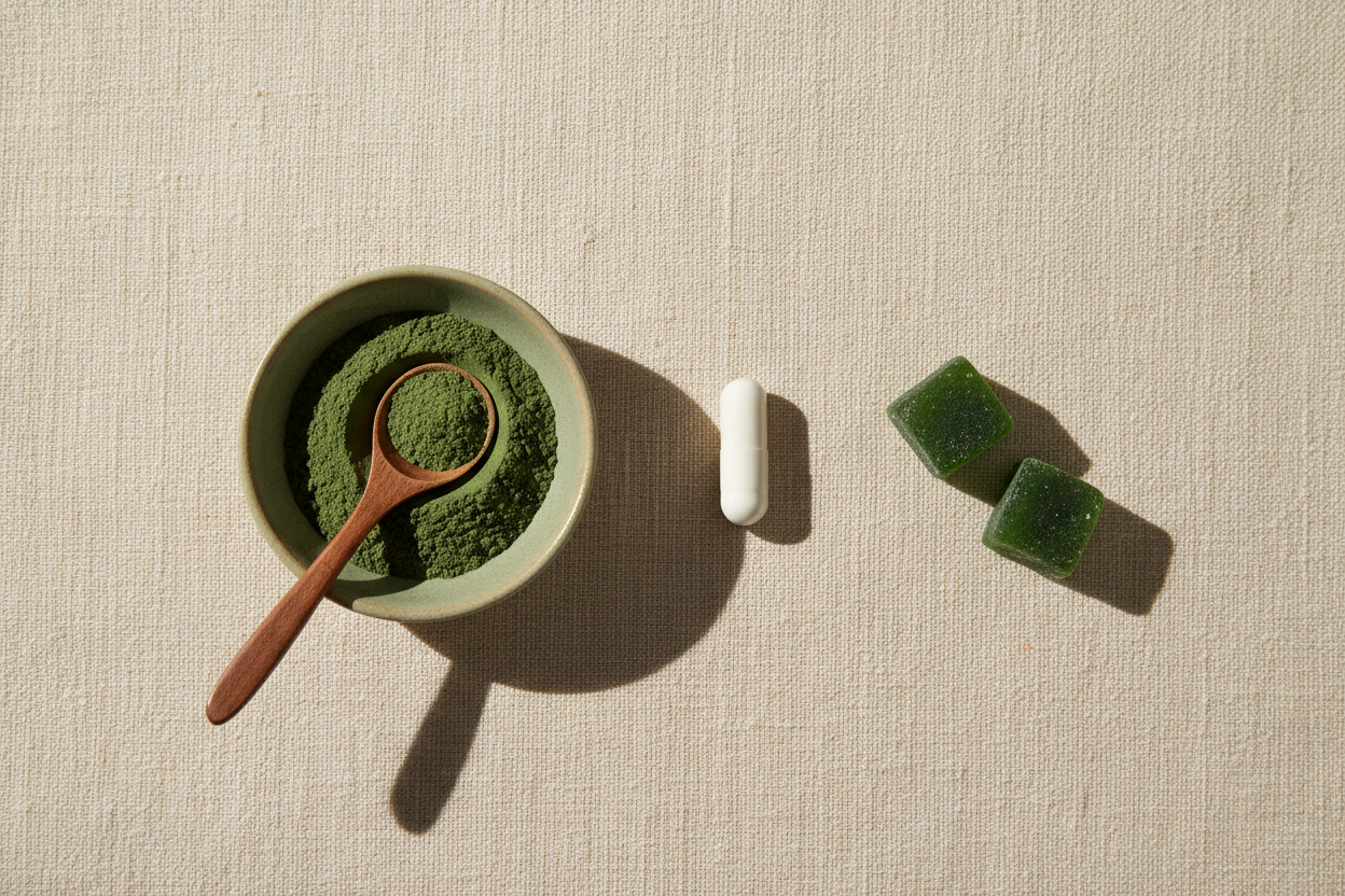 A white capsule, green powder in a ceramic dish, and green cube gummies arranged on cream linen — comparing the three main supplement formats