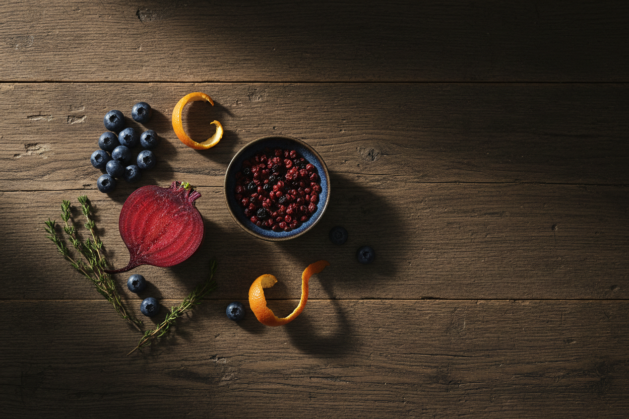Halved fresh beetroot with blueberries, elderberries, thyme and orange peel on dark oak wood — representing natural plant-based beet nutrition for runners and endurance athletes