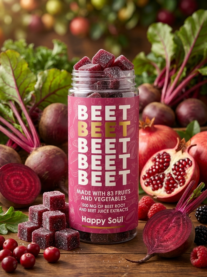 A jar of beet juice cubes labeled 'Happy Soul' sits on a wooden surface surrounded by fresh beets, pomegranates, raspberries, and other fruits and vegetables in a styled food scene.