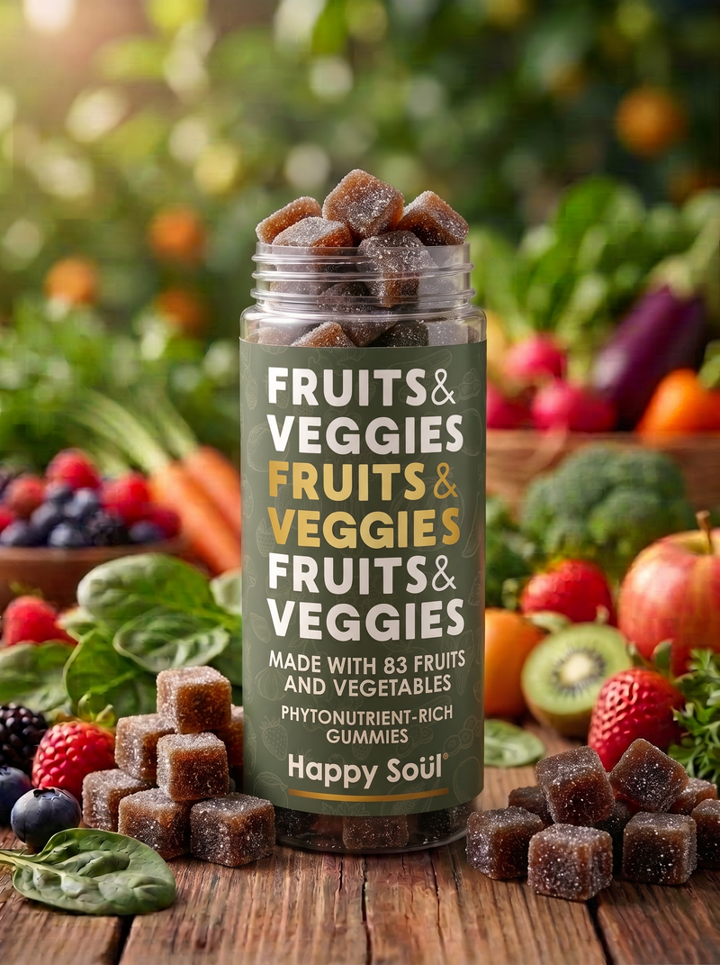 A jar of Happy Soul Fruits & Veggies gummies stands on a wooden table surrounded by fresh fruits, vegetables, and loose gummy cubes, with a blurred garden background.
