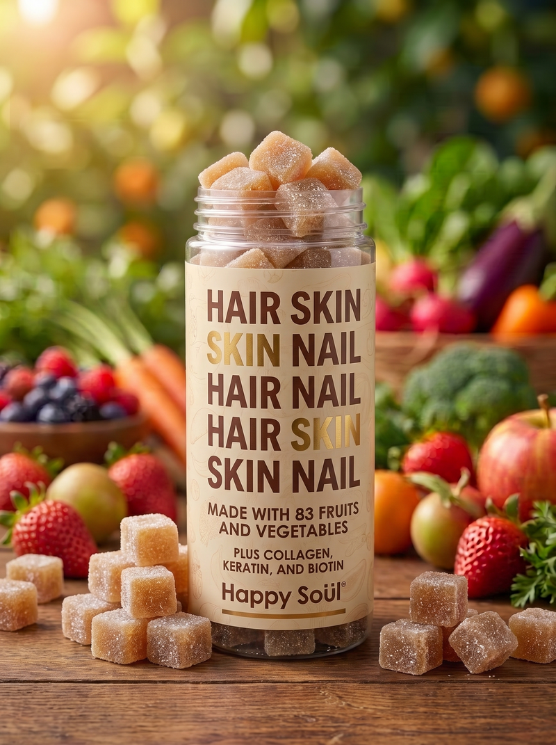 A jar of Happy Soul hair skin nail sugar cubes stands on a wooden table surrounded by fresh fruits and vegetables in a garden setting. The clear jar shows the light brown sugar cubes inside, with a beige label featuring dark brown text.
