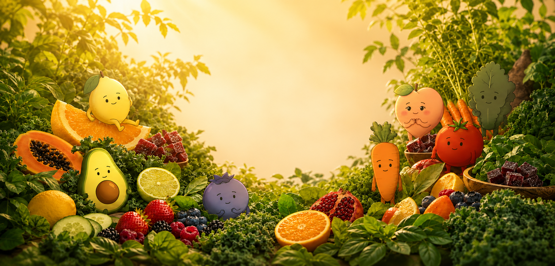 Fruit and vegetable characters in a garden setting with a warm, glowing light.