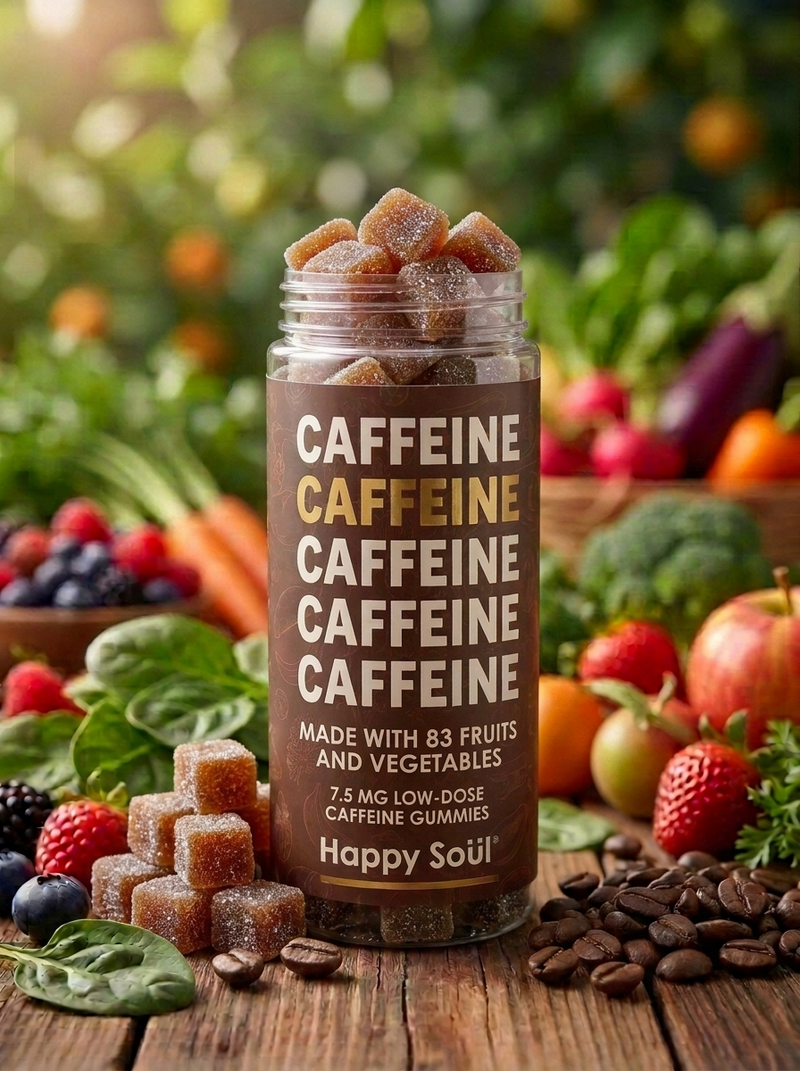 A jar of Happy Soul caffeine gummies sits on a wooden table surrounded by fresh fruits, vegetables, and coffee beans, with a blurred garden background.