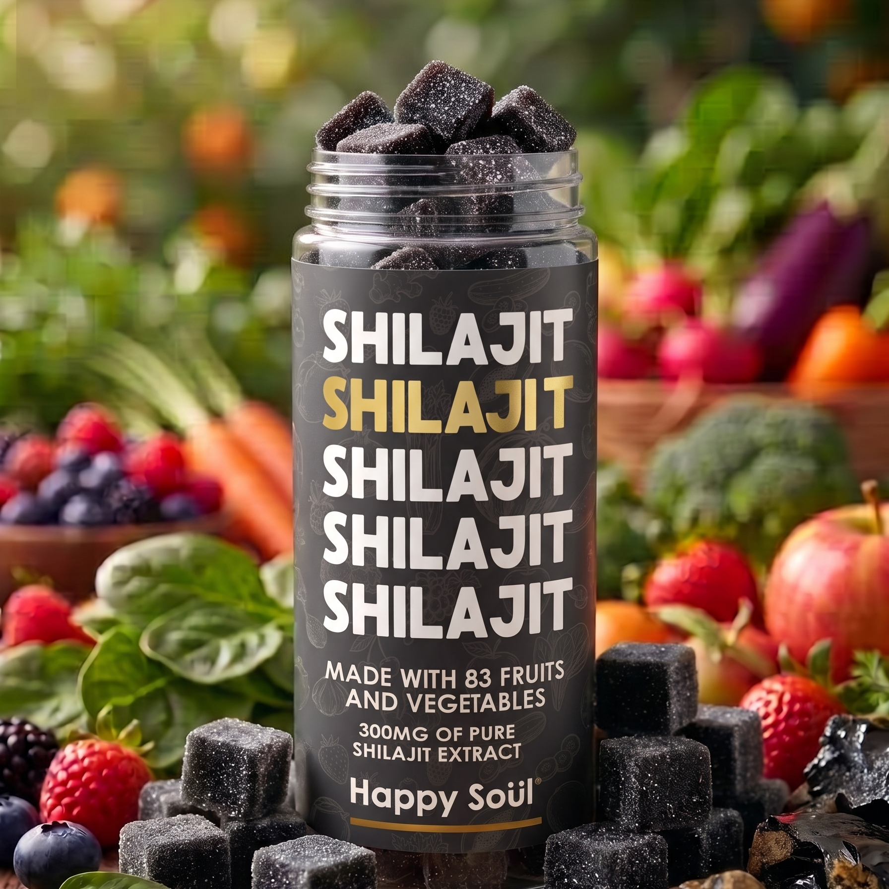 A jar of Happy Soul Shilajit extract stands on a wooden surface surrounded by loose black cubes, with fresh fruits, vegetables, and green foliage in the background. The jar label reads “SHILAJIT” multiple times and “Happy Soul.