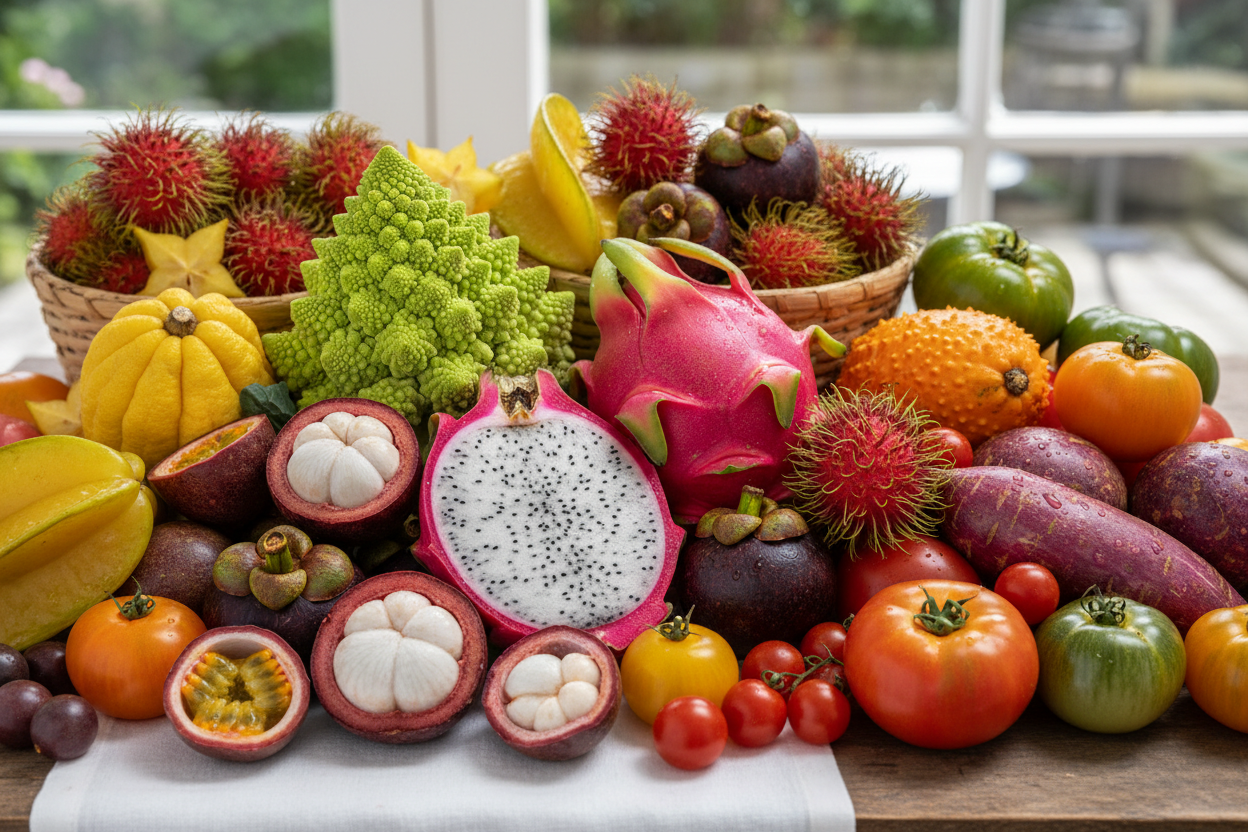 an array of exotic fruits and vegetables 