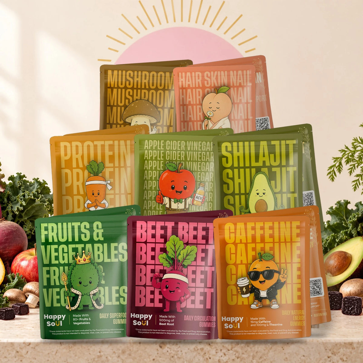All 8 Happy Soul gummy formulas in daily packs, stacked on travertine risers